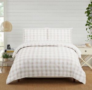 Modern Heirloom 3pc King Gingham Comforter SET – Tan – Brand New